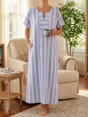 Stan Herman The Hamptons Striped Maxi Kaftan Dress Sz 2X Petite Cotton Lounge